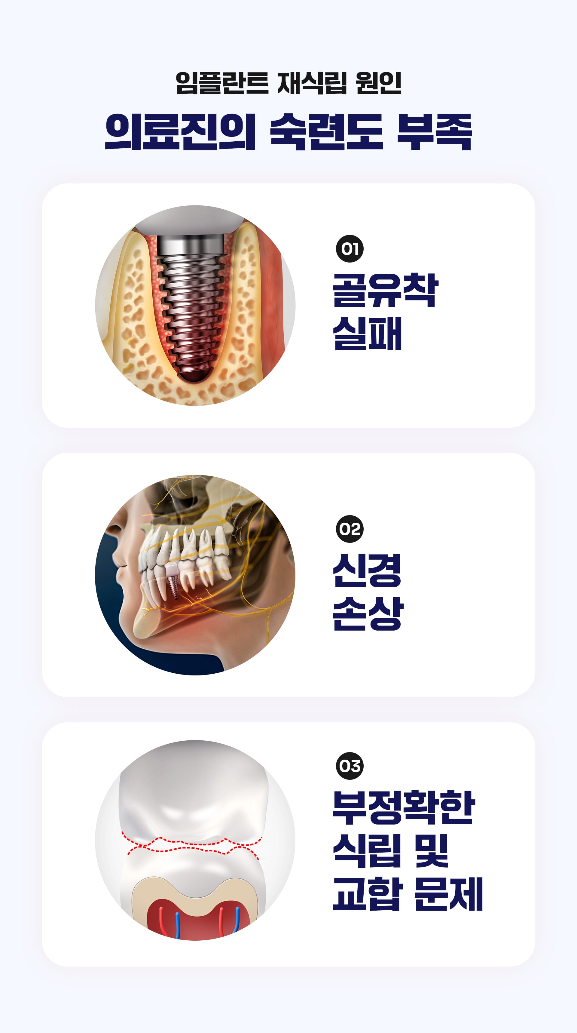 임플란트 재식립의 원인 1. 의료진의 숙련도 부족과 관련한 인포그래픽