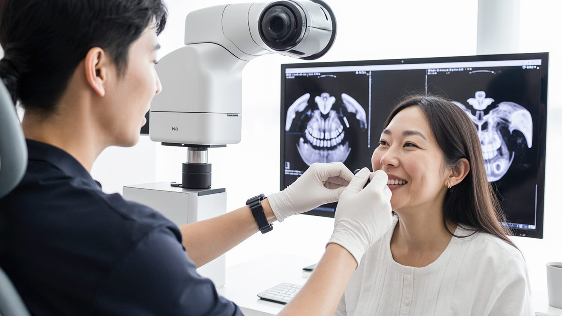 임플란트 전문의가 환자의 치아상태를 살펴보는 장면