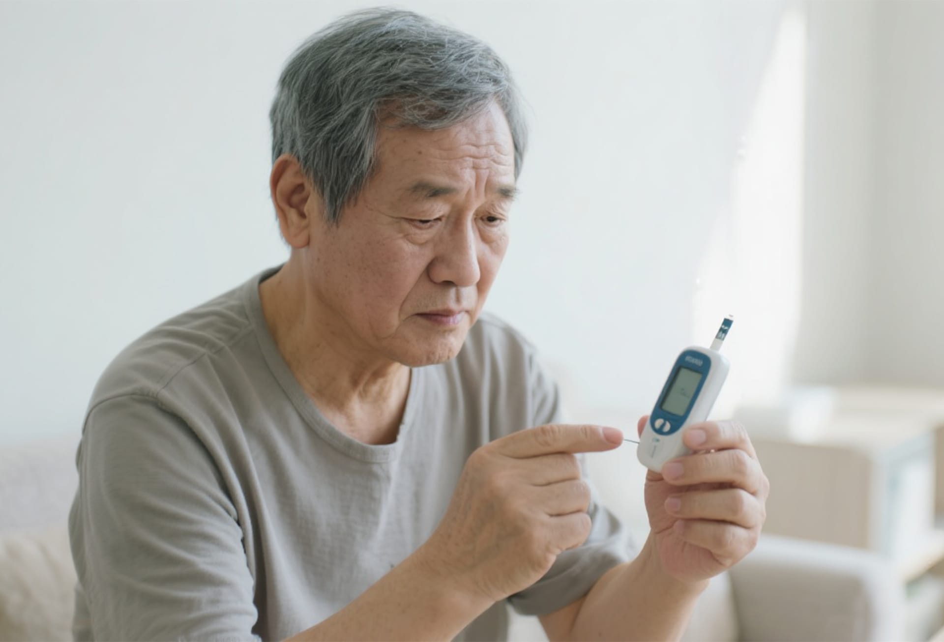 당뇨 환자가 혈당 체크를 하고 있는 이미지