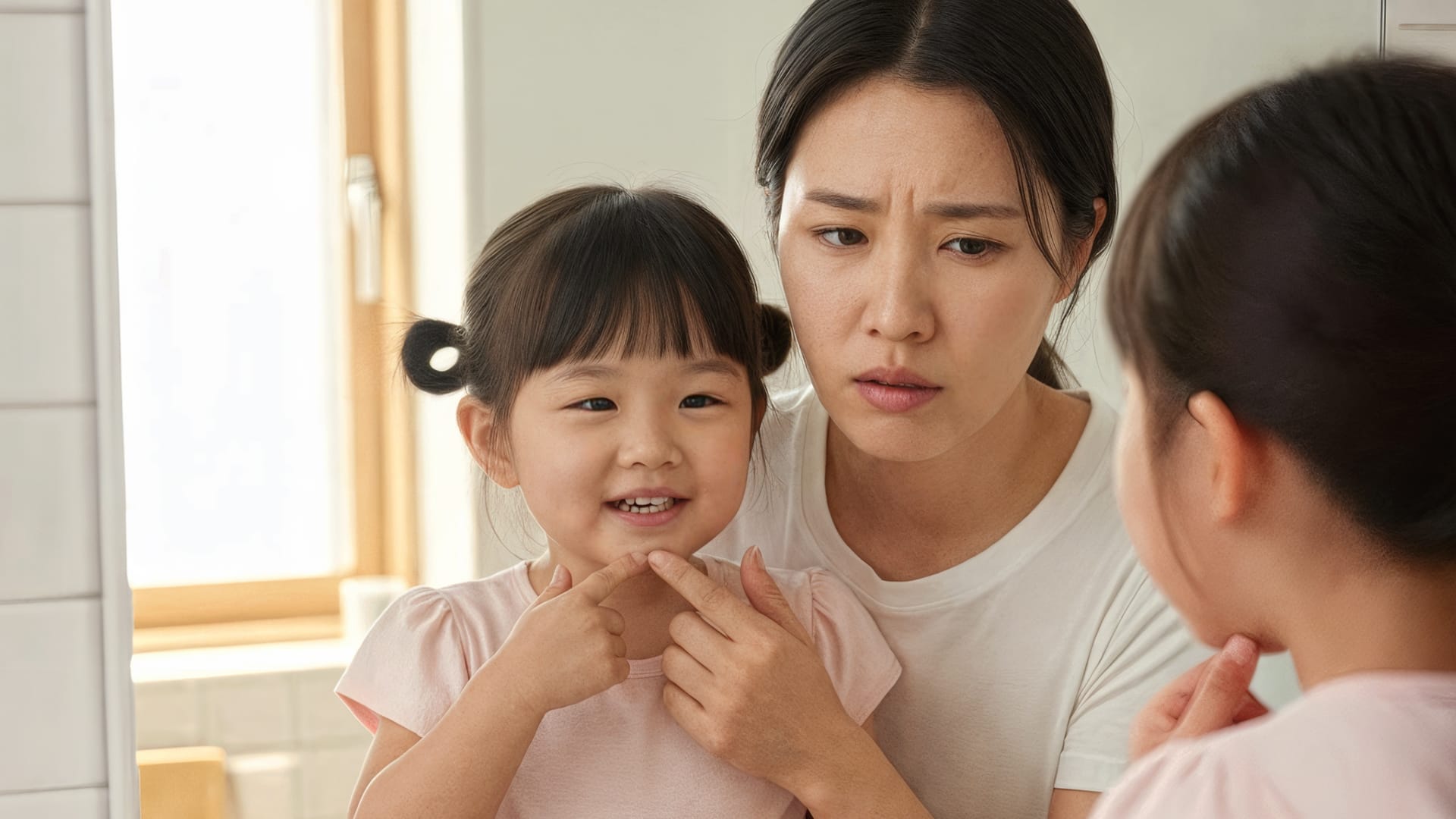 성장기 교정 아동을 둔 학부모의 근심 어린 표정을 담은 이미지