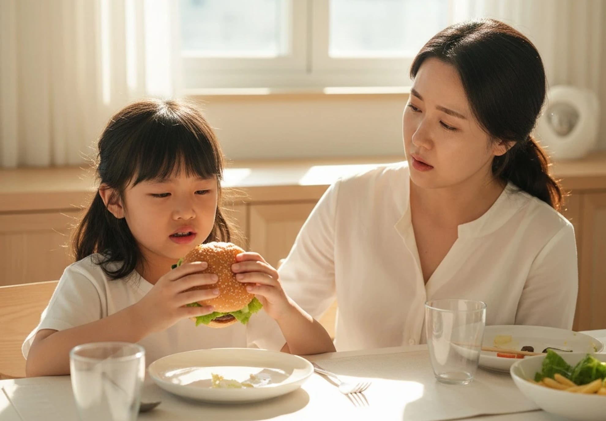 교정한 어린이가 햄버거를 들고 망설이고 있는 모습이 담긴 이미지 