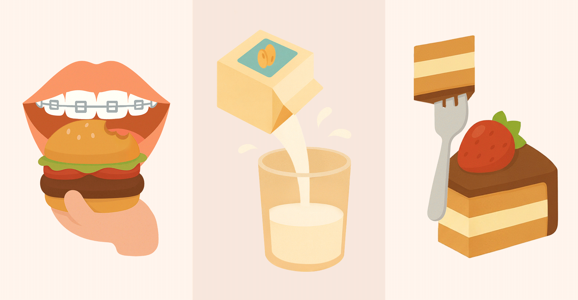 어린이 교정 후 3일 동안 먹을 수 있는 음식을 표현한 이미지 