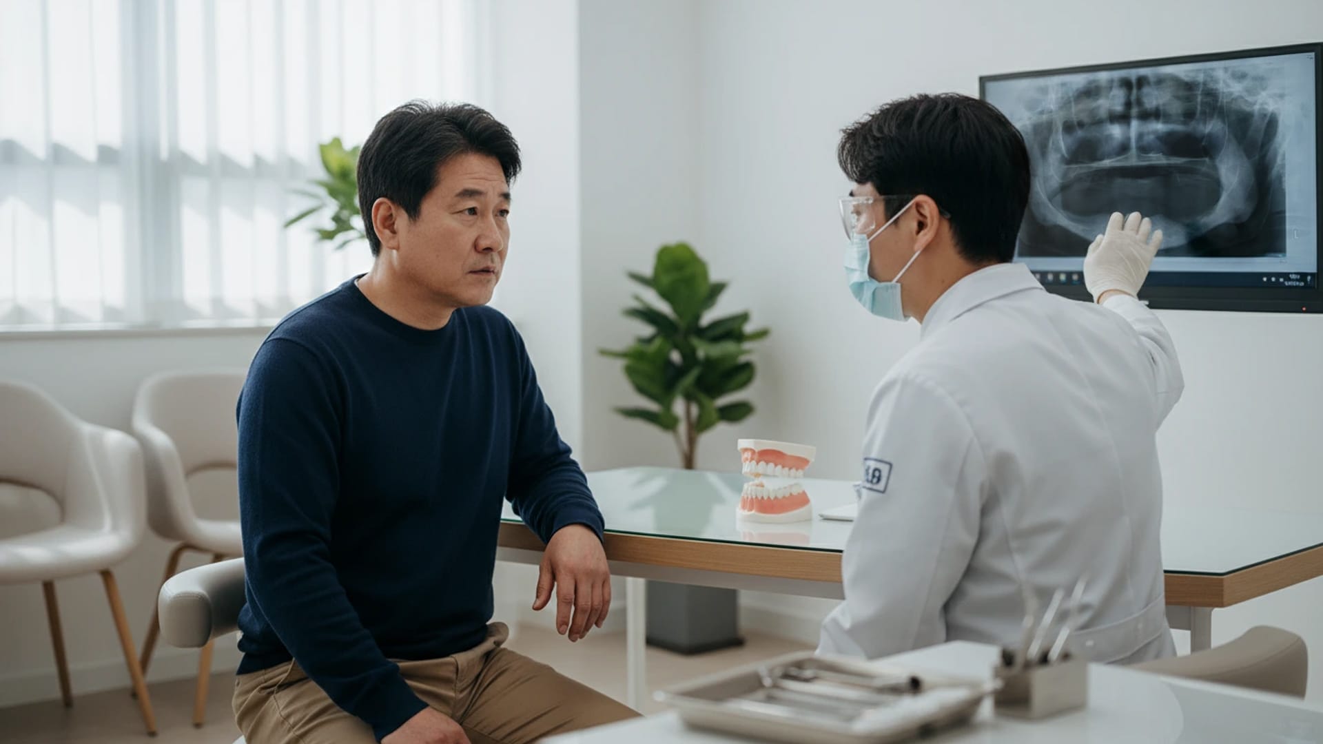 여러 치아 상실로 인해 부분틀니, 브릿지, 브릿지임플란트 치료에 대해 치과 의사와 상담하는 환자의 모습