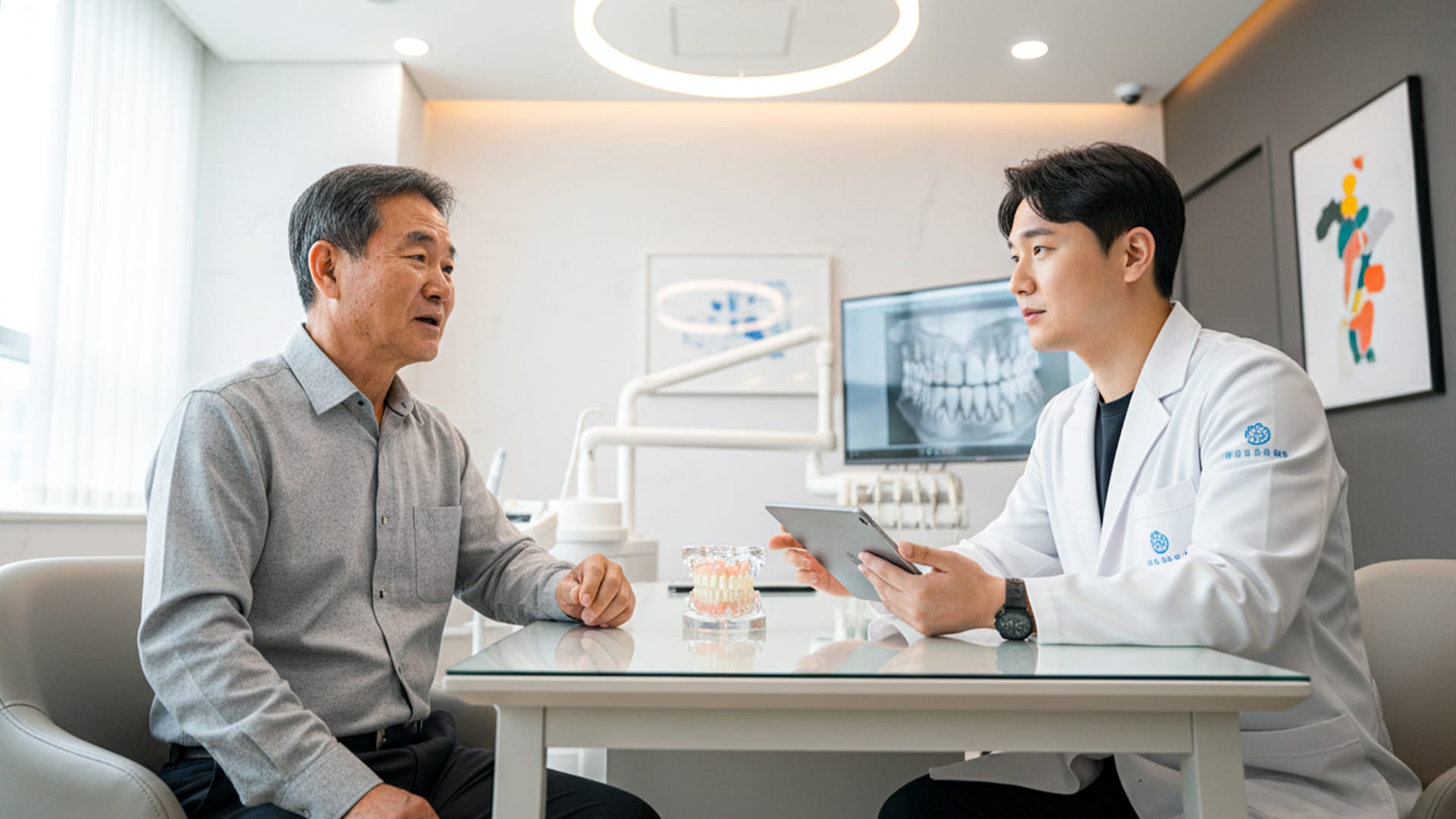 무치악 임플란트 환자가 병원 원장과 상담하고 있는 모습