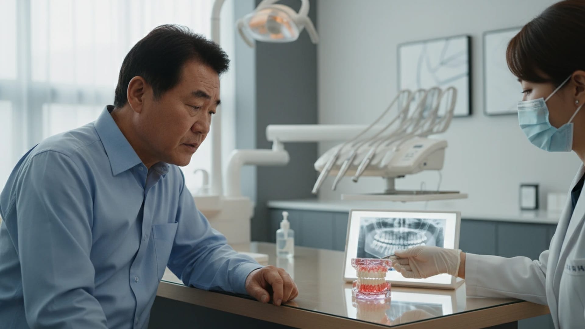 임플란트 재식립을 고민하는 중년 환자의 모습 