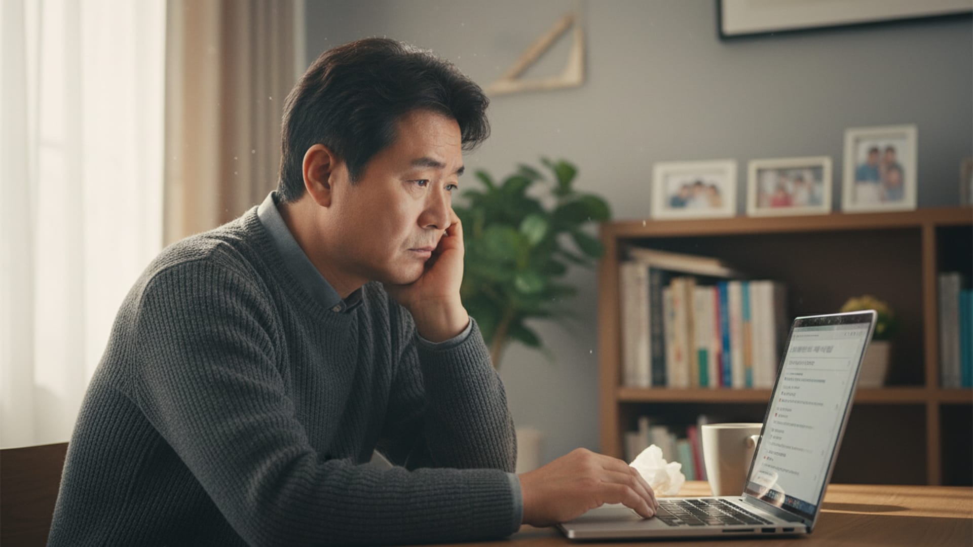 임플란트 재수술에 대해 걱정하며 정보를 찾아보는 50~60대 중년 