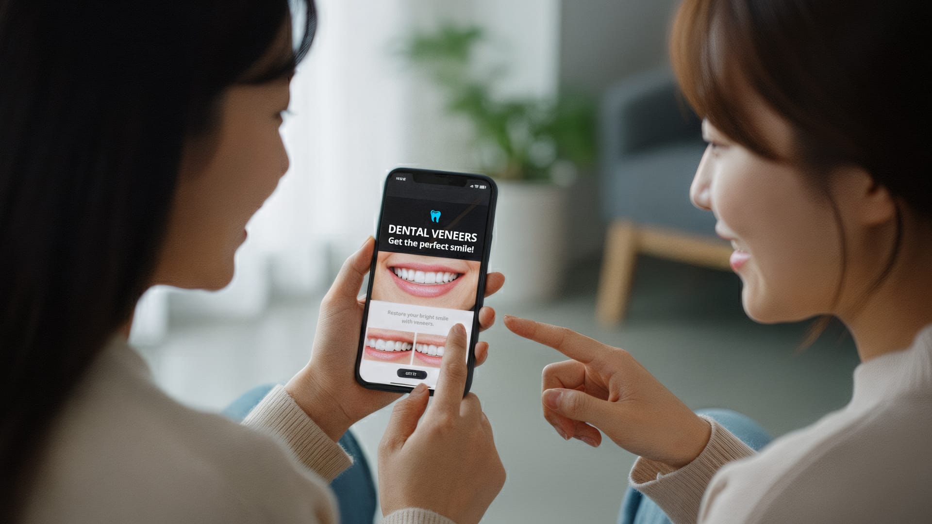 30대 초반 여성 환자가 친구와 함께 모바일 화면을 보며 라미네이트 비용과 광고에 대해 대화 나누는 모습