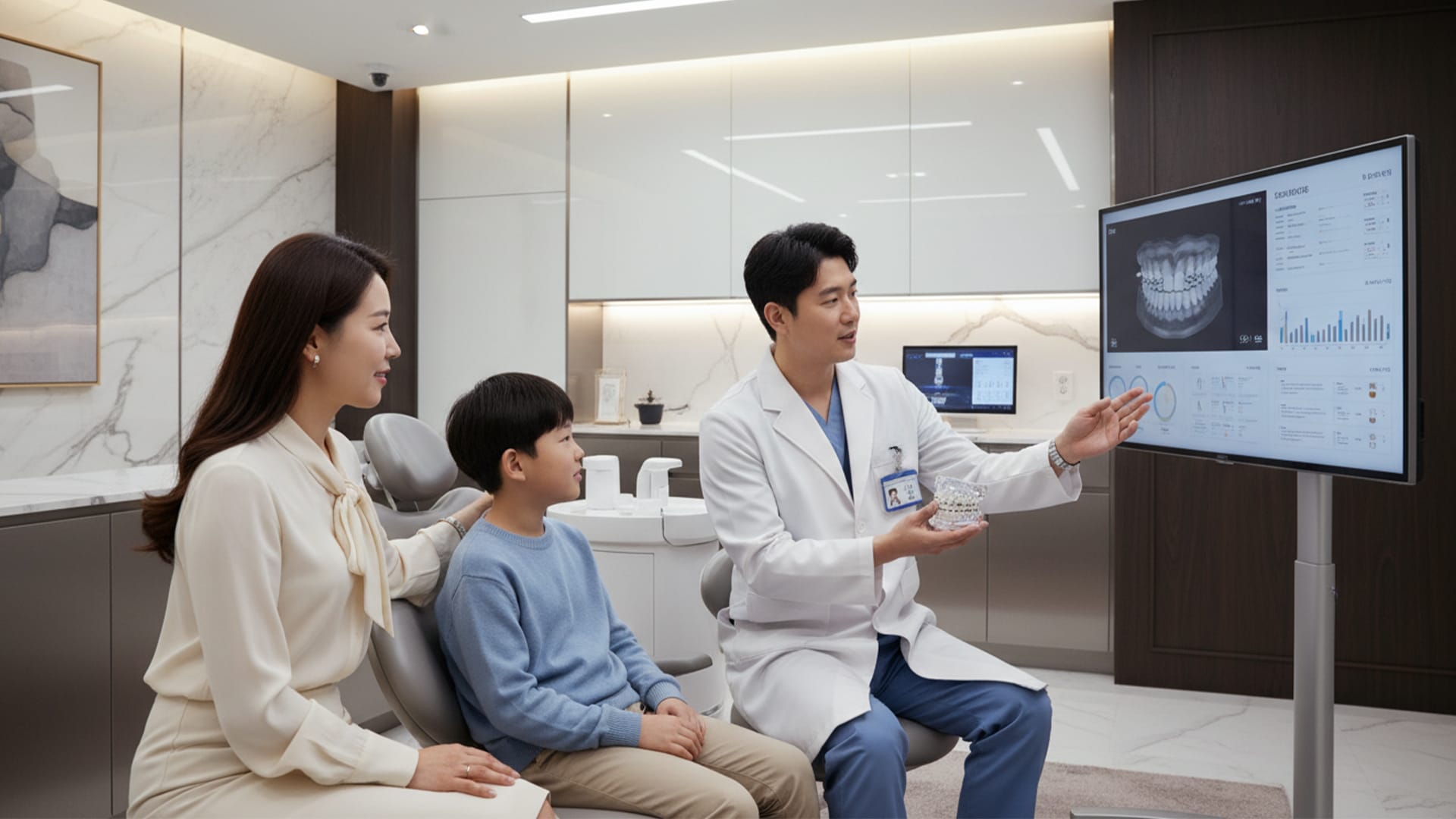 깨끗한 치과 상담실에서 아이와 부모, 의료진이 함께 상담을 진행하는 모습