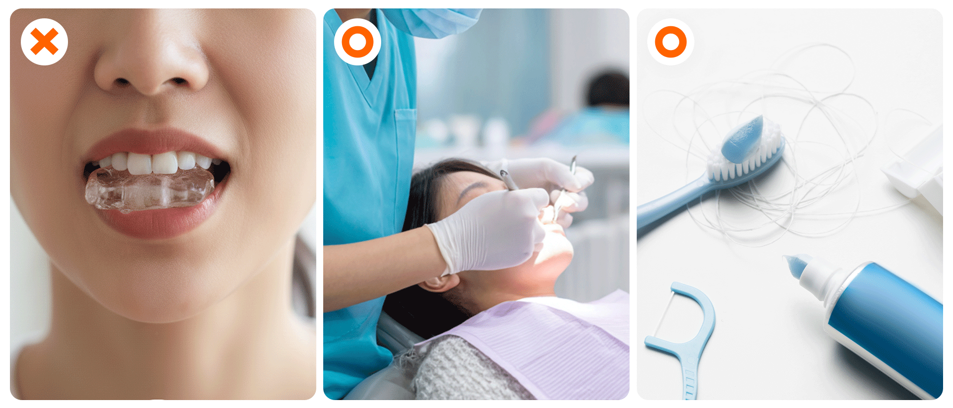 라미네이트 후의 예쁜 미소를 오래 유지하기 위한 관리법(딱딱한 음식 피하기, 정기 점검, 잇몸 건강 관리)을 아이콘으로 표현한 인포그래픽