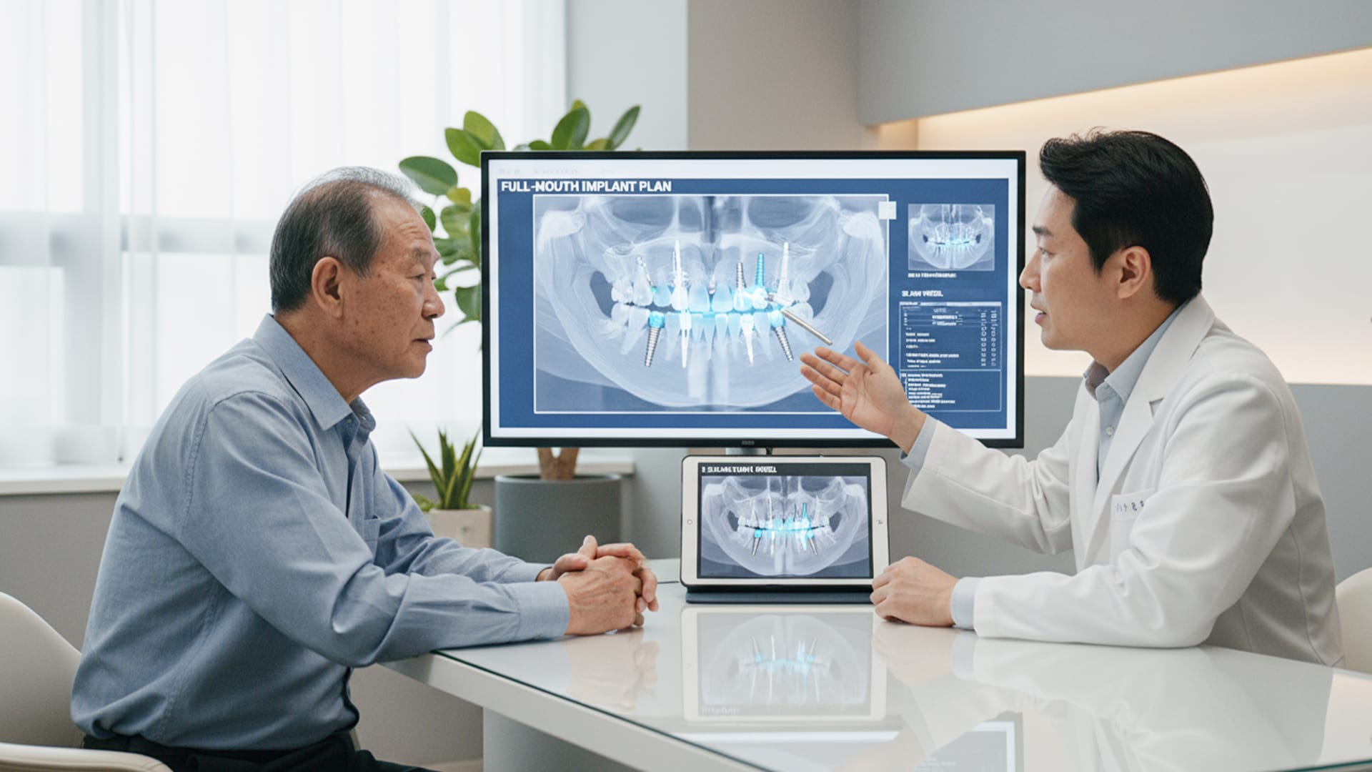 무치악 환자가 전악 임플란트 개수와 치료 방법을 상담받는 치과 상담 장면