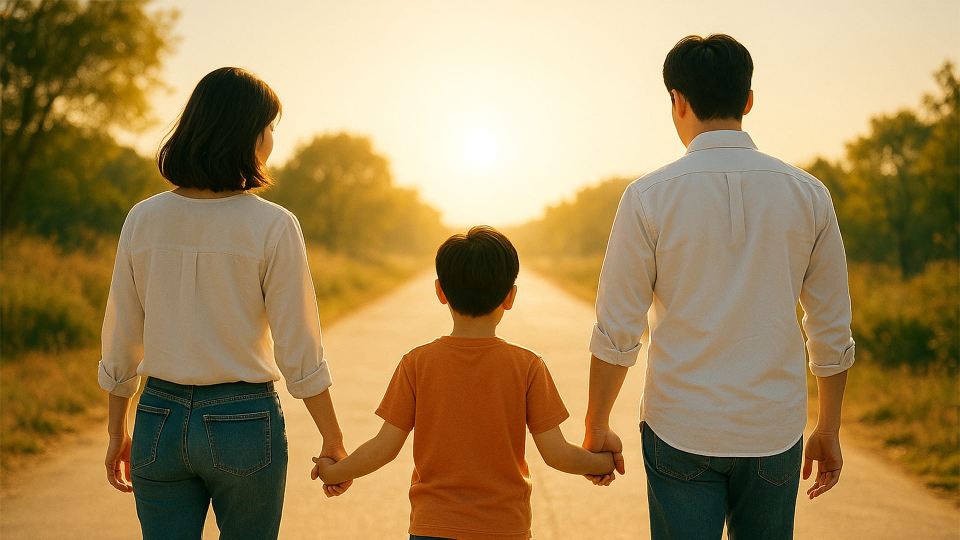 부모와 아이가 손을 잡고 따뜻한 햇살이 비추는 길을 함께 걸어가는 뒷모습. 교정 치료가 아이의 밝은 미래로 이어짐을 상징하는 이미지