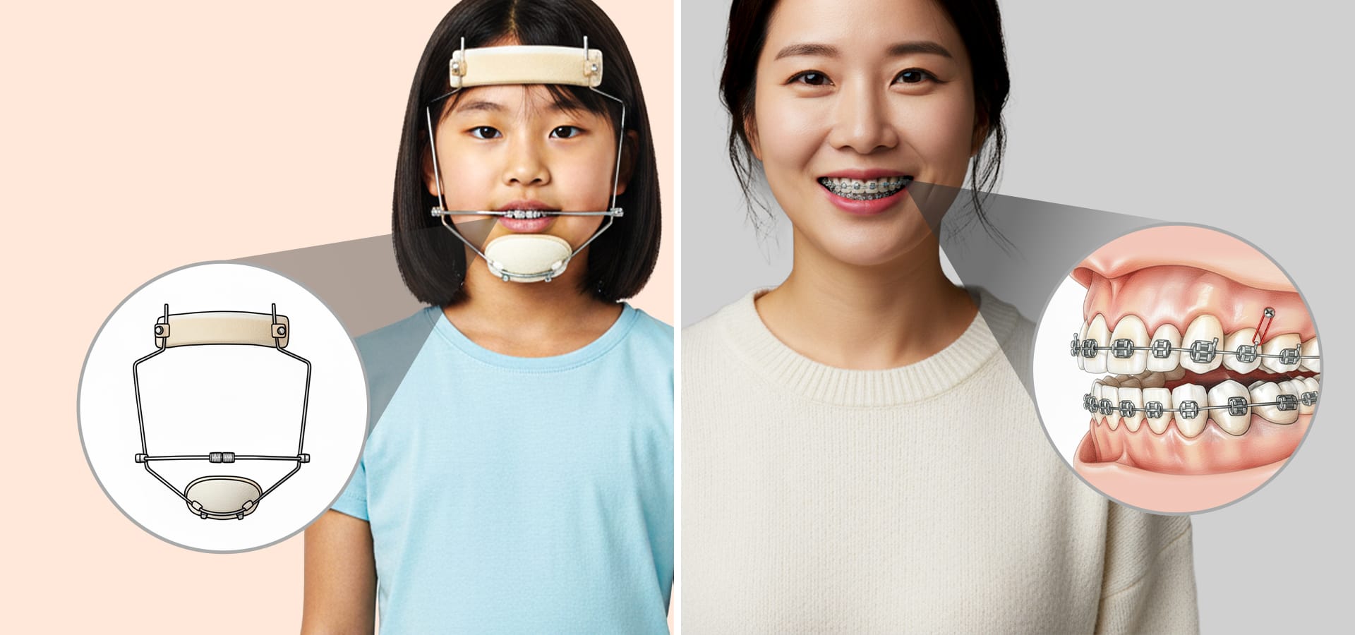 성장기 환자가 사용하는 페이스 마스크 등 악정형 장치와 성인 환자가 사용하는 미니스크류, 투명 교정 장치 등 첨단 기술 장치를 비교하여 보여주는 이미지