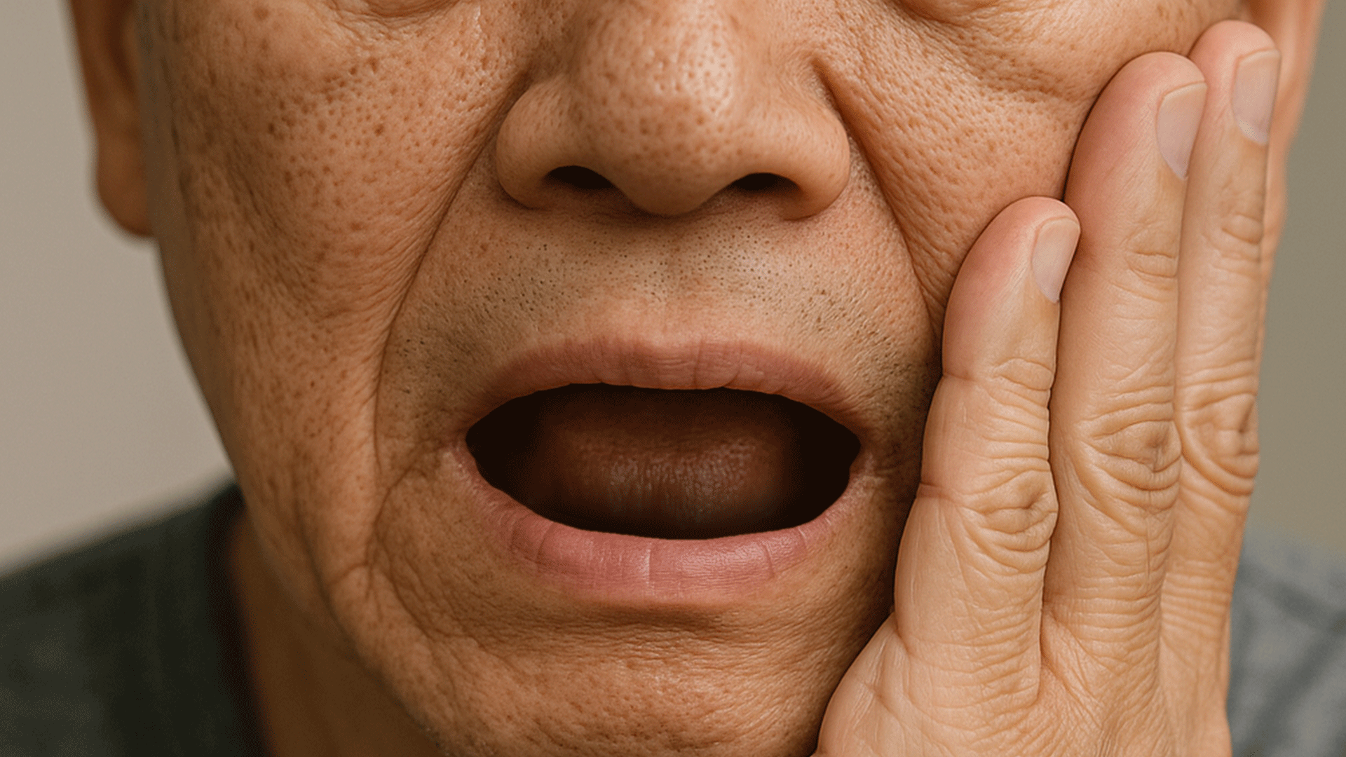 무치악 환자의 구강이 전면으로 드러난 이미지 