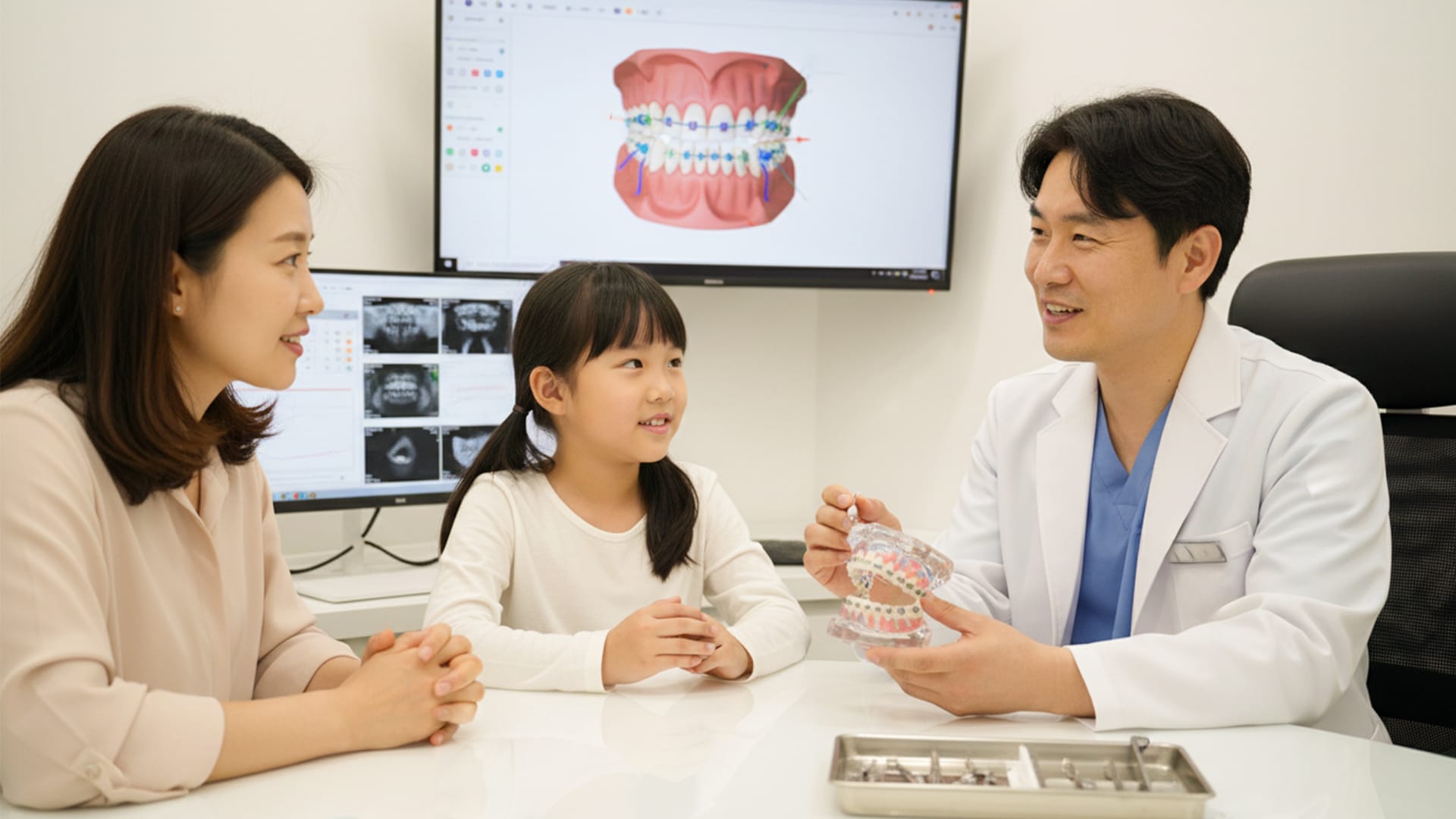 성장기 교정을 위해 부모와 의료진이 함께 상담하고 있는 모습 