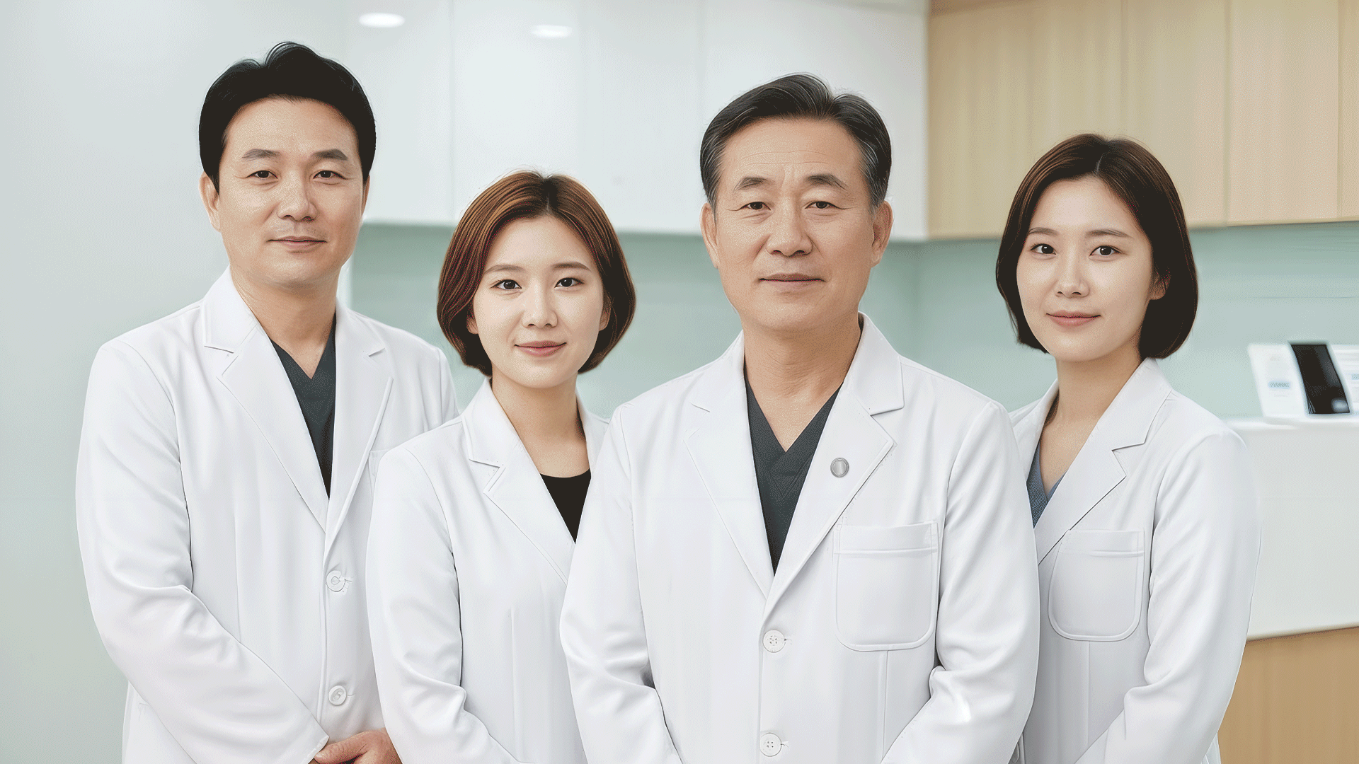 여러 명의 치과 의료진 중 보건복지부 인증 마크가 부착된 특정 치과교정과 전문의를 부각하여 보여주는 이미지