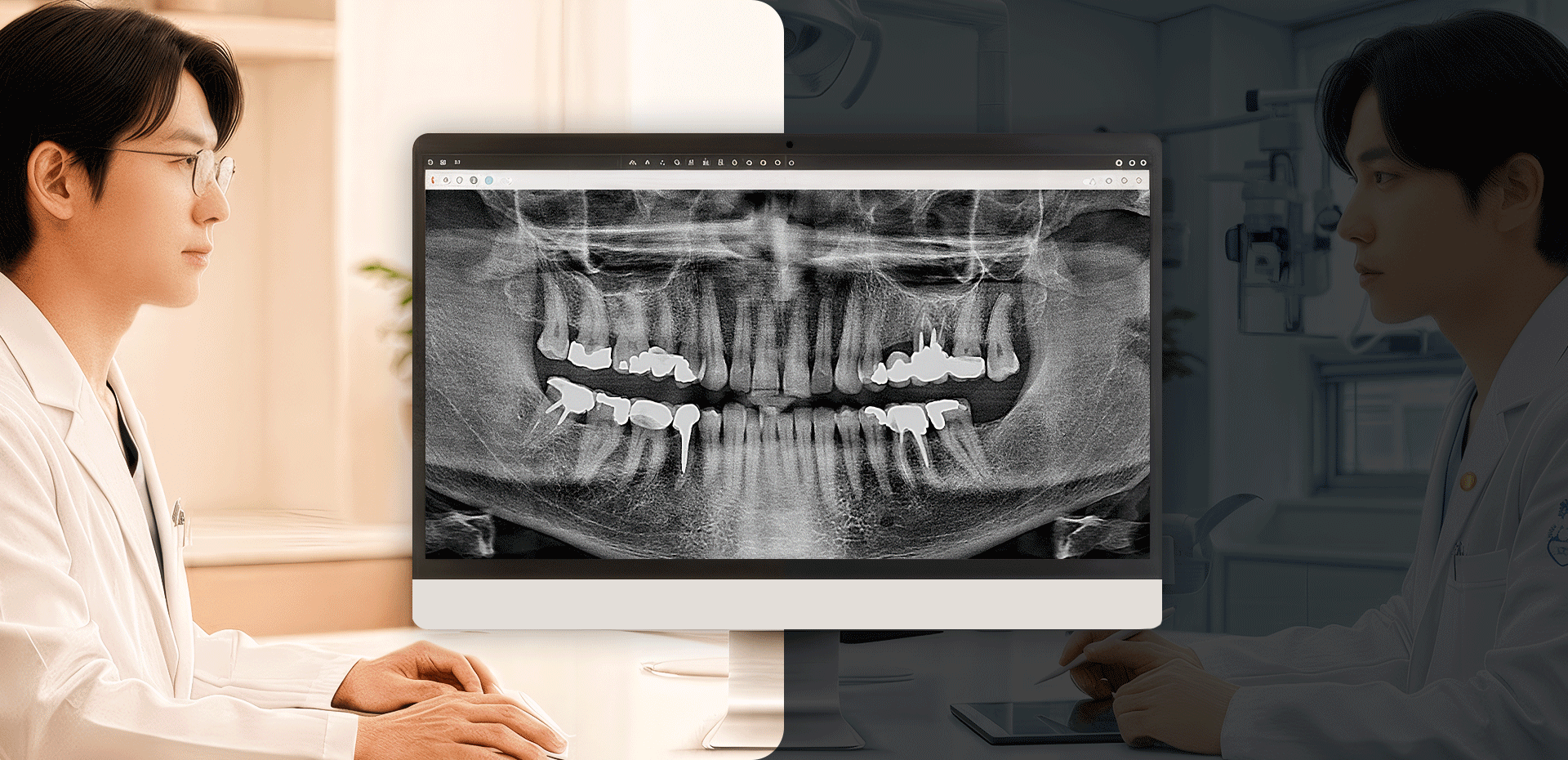 2D X-ray 평면도 중심으로 진료하는 일반 치과의사(좌)와 3D 스캔을 활용하여 입체적으로 진단하는 교정 전문의(우)의 차이점을 비교한 이미지