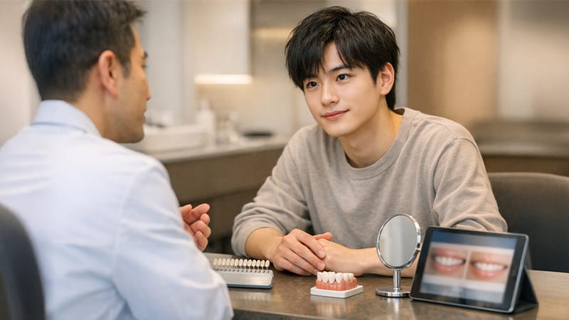 A man in her 20s or 30s having a dental consultation for veneers at a clinic in Korea.