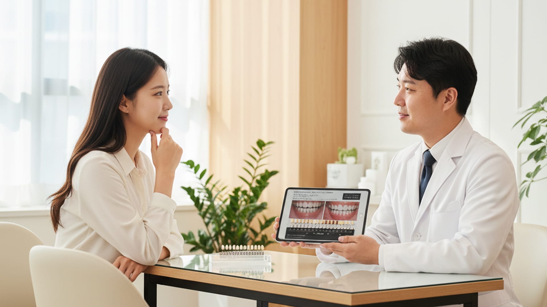 A dental examination setting showing laminate prosthetics or tooth whitening related items for clean, white teeth