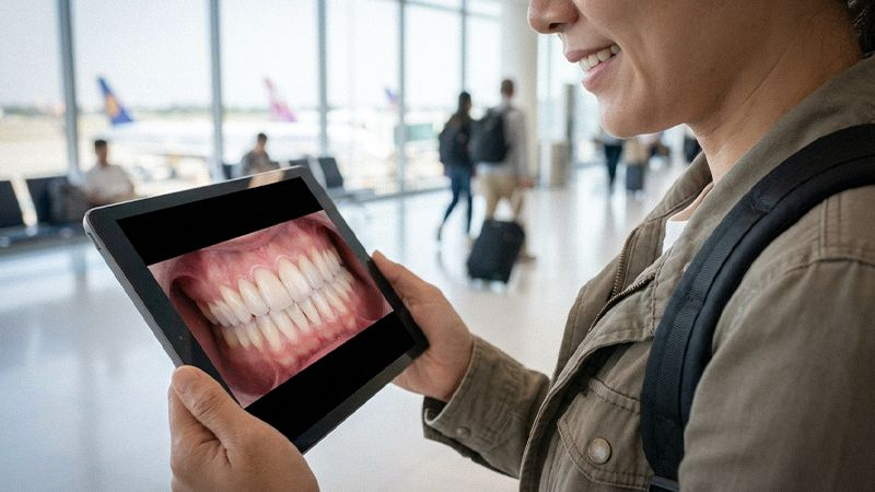An international patient at an airport reviewing post-procedure dental records and smile photos sent by a Korean dental clinic.