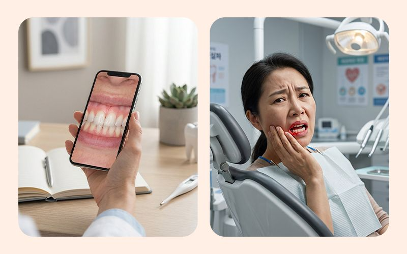 Comparison between dental issues suitable for remote triage and emergency symptoms requiring an immediate local dental clinic visit.