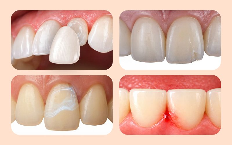 Common dental veneer complications for international patients including debonding, fractures, tooth sensitivity, and gum inflammation.