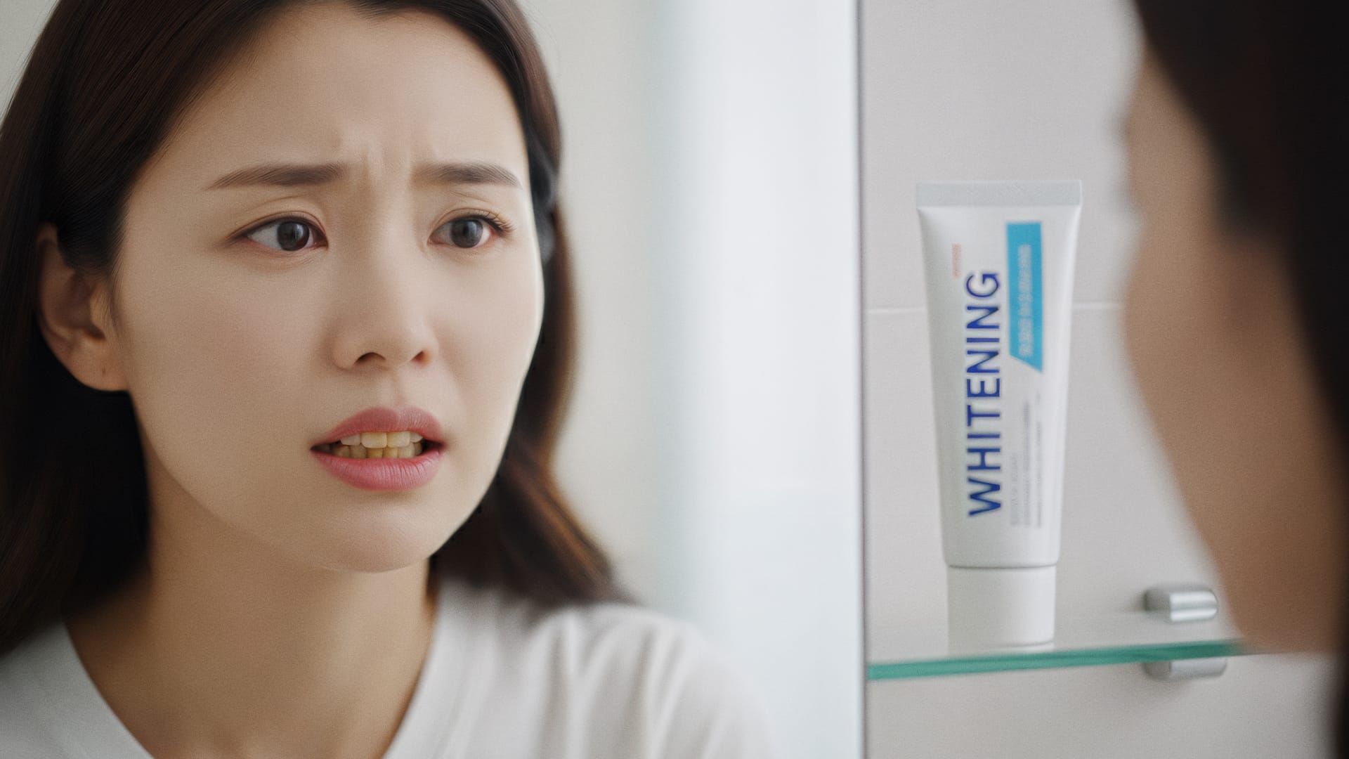 A woman estimated to be 30 years old looking sadly at her yellowed teeth, with whitening toothpaste placed nearby