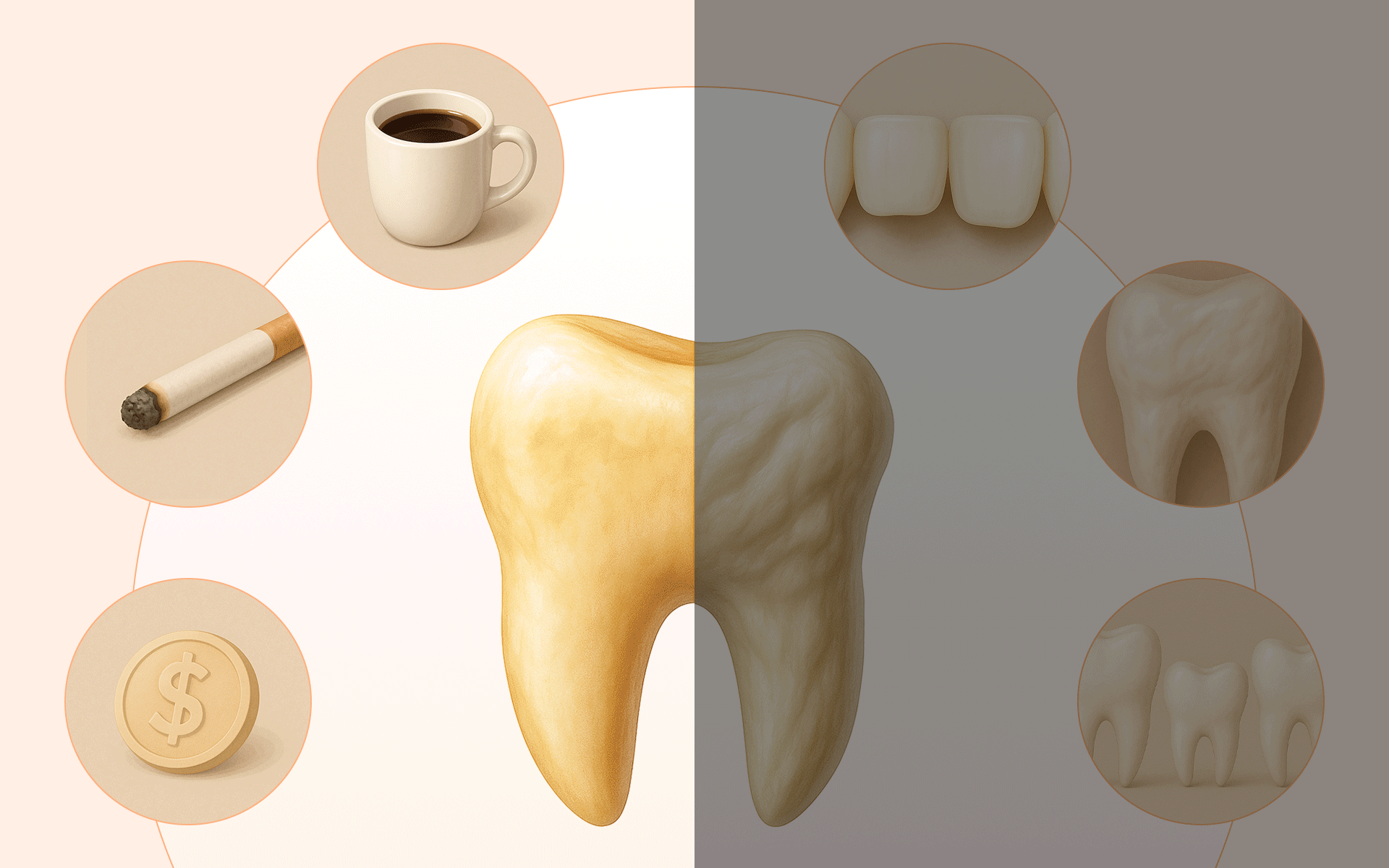 An infographic distinguishing the selection guide: external discoloration and cost issues recommending bleaching versus congenital discoloration and shape issues recommending laminates