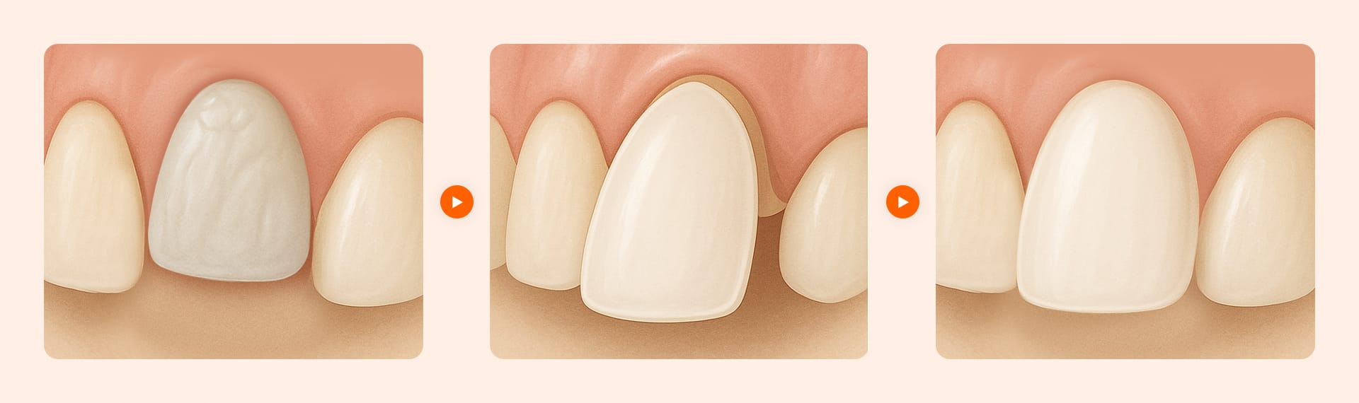 A medical image sequentially illustrating the procedure of preparing a discolored tooth and bonding a laminate veneer