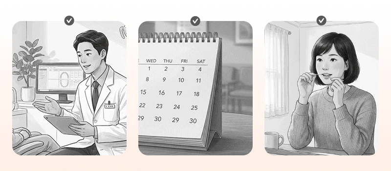 An informational graphic detailing key considerations for international veneer patients regarding Visits, Stay, and Aftercare