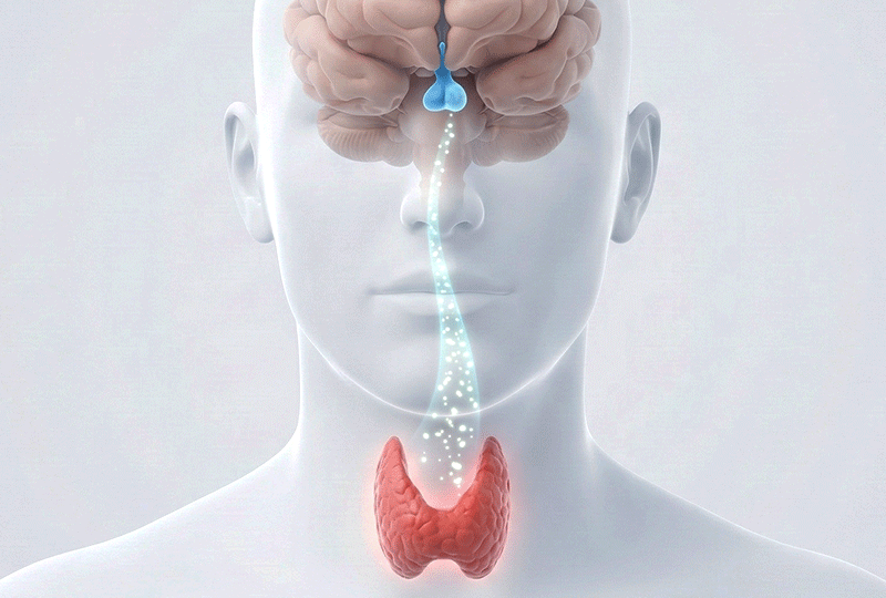 Medical illustration of the Hypothalamic-Pituitary-Thyroid (HPT) axis showing TSH signaling.