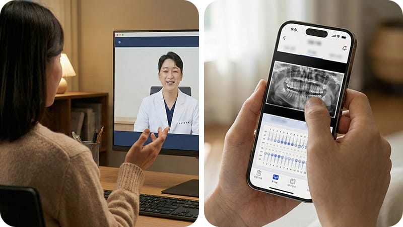 Conceptual image showing 'Remote Diagnosis' as the first line of support for international patients, eliminating the need for immediate travel back to Korea in case of post-procedure issues.