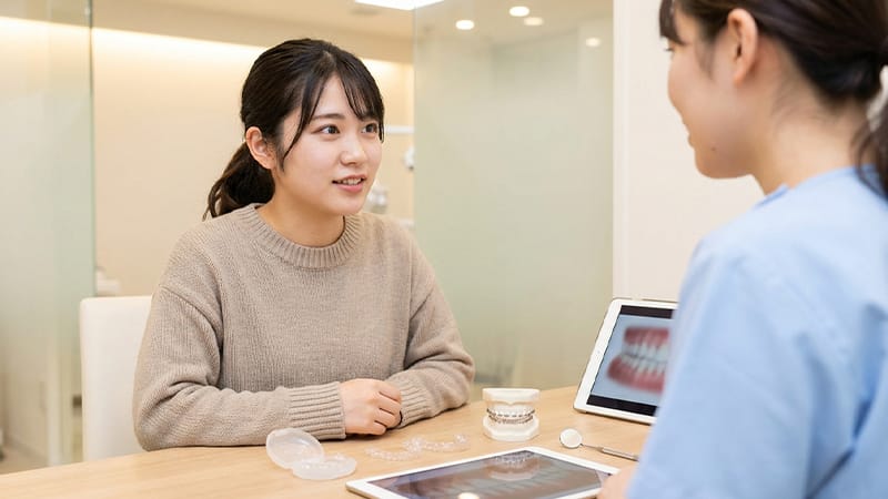 Woman consulting with a dentist about orthodontic treatment in a modern dental office.