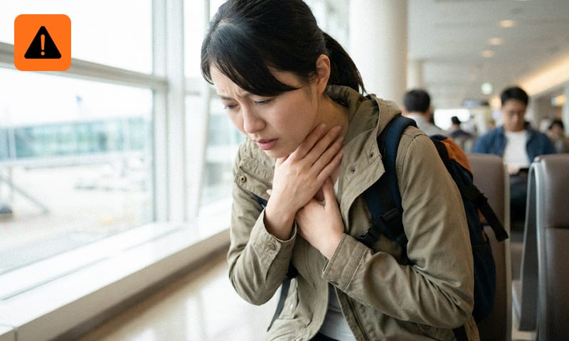 A woman at an airport clutching her throat and showing signs of difficulty breathing.