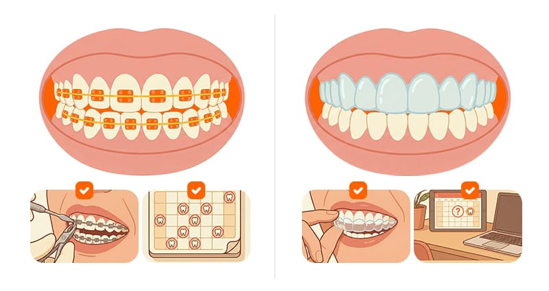 A split-screen image comparing the necessity of clinic visits for brackets versus clear aligners.