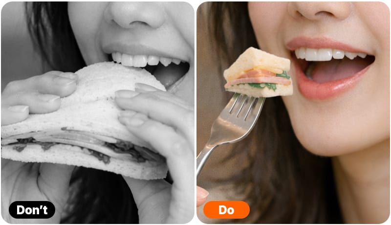 Split image showing Safe Dining Practices (Do's & Don'ts) after veneer procedure, highlighting correct chewing methods.