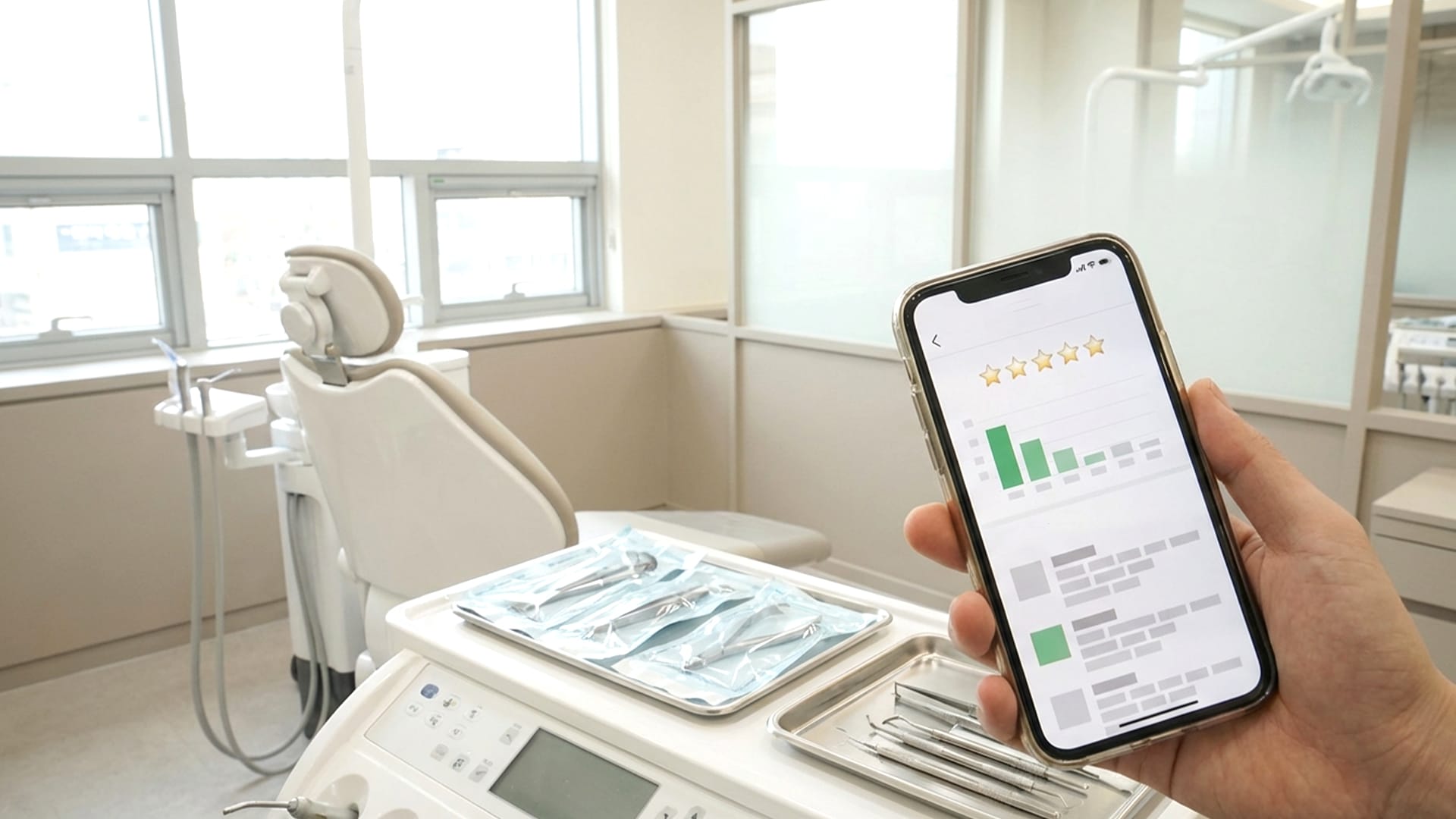 Clean sterilization environment of a clinic combined with positive patient review screens.