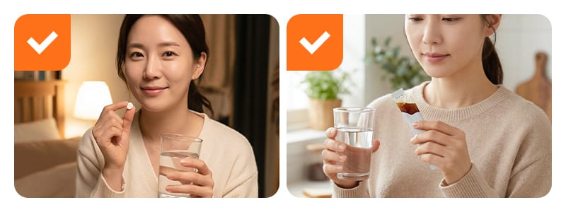 늦은 저녁, 취침 전 갑상선 약을 복용하는 모습으로 액상으로 된 약을 먹는 모습