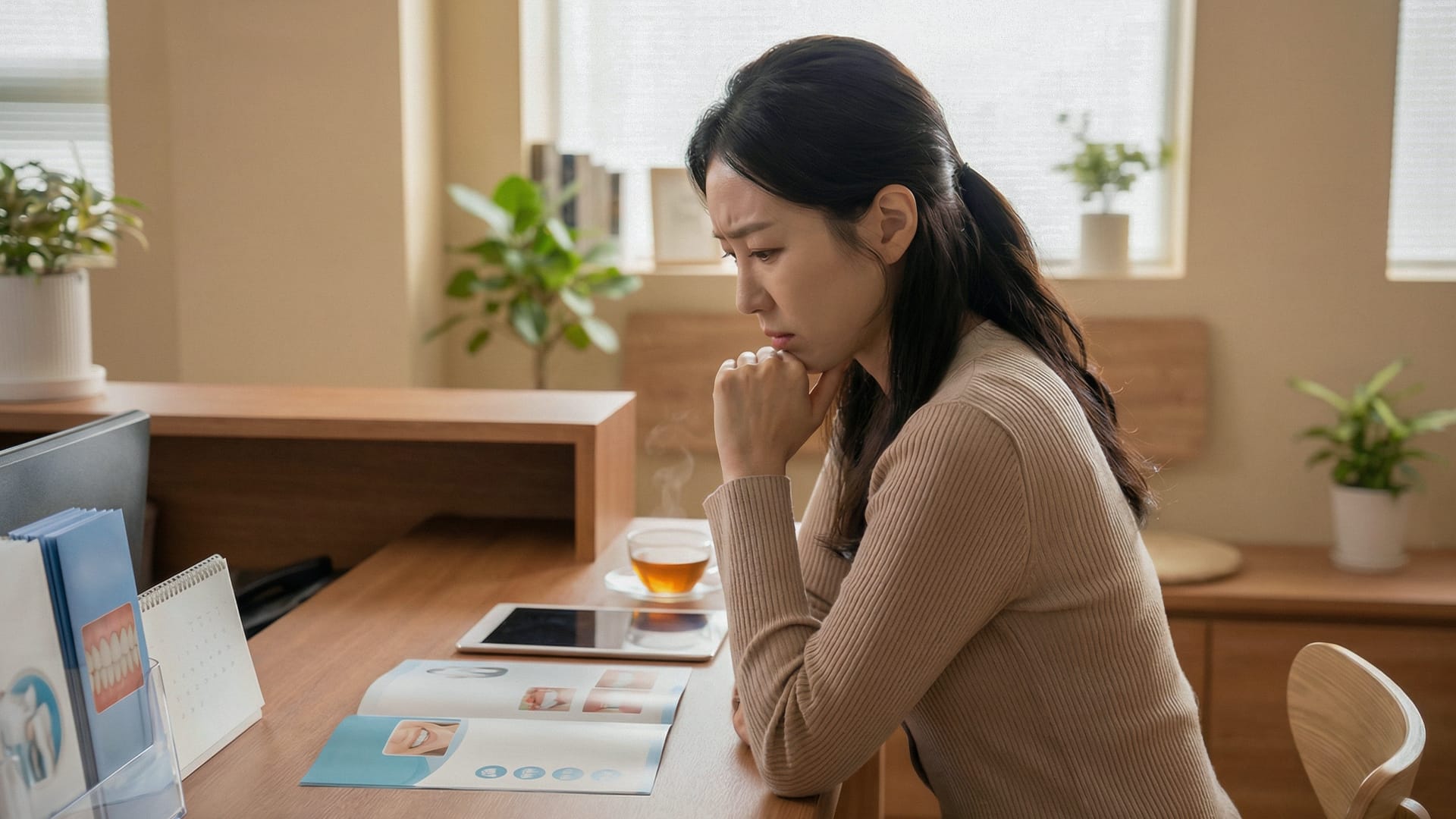 A female patient in her 20s or 30s sitting at a dental consultation desk, thoughtfully reviewing information on a tablet and a pamphlet.