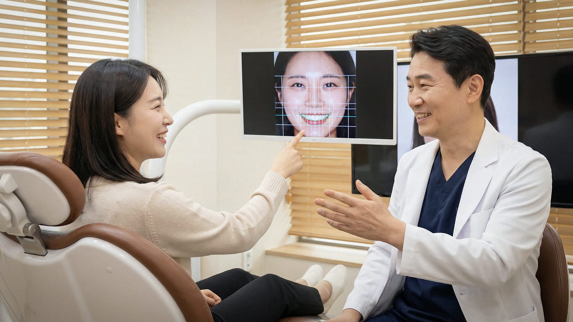 A dentist and a patient smiling while discussing a dental design displayed on a screen with digital grid lines.