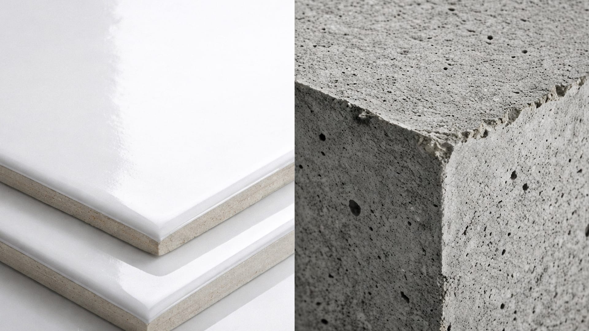 A visual comparison highlighting the contrast between the smooth texture of a glossy tile and the rough, porous texture of a cement surface.