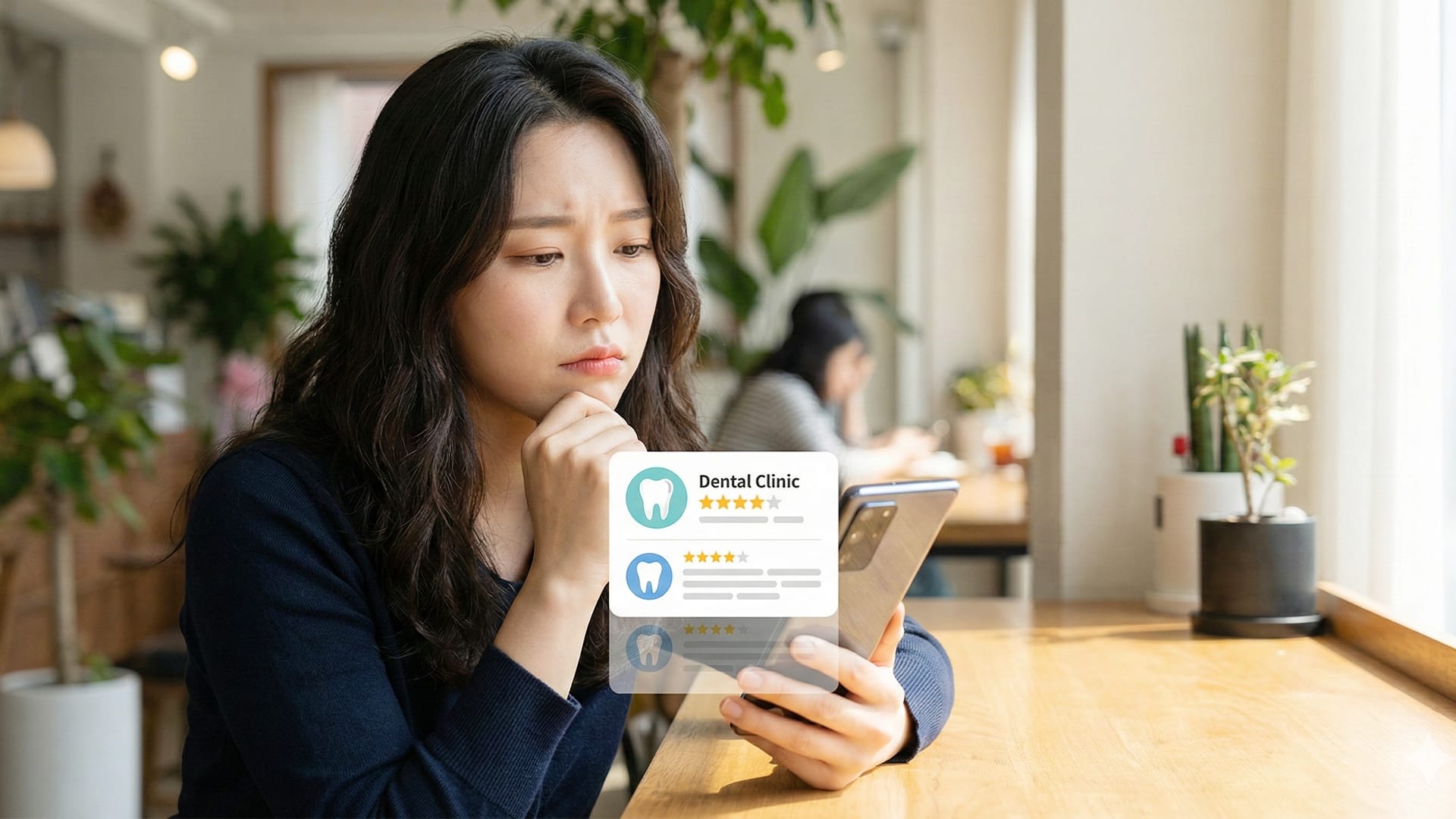 A young patient looking anxious while searching for laminate veneer reviews on a smartphone.