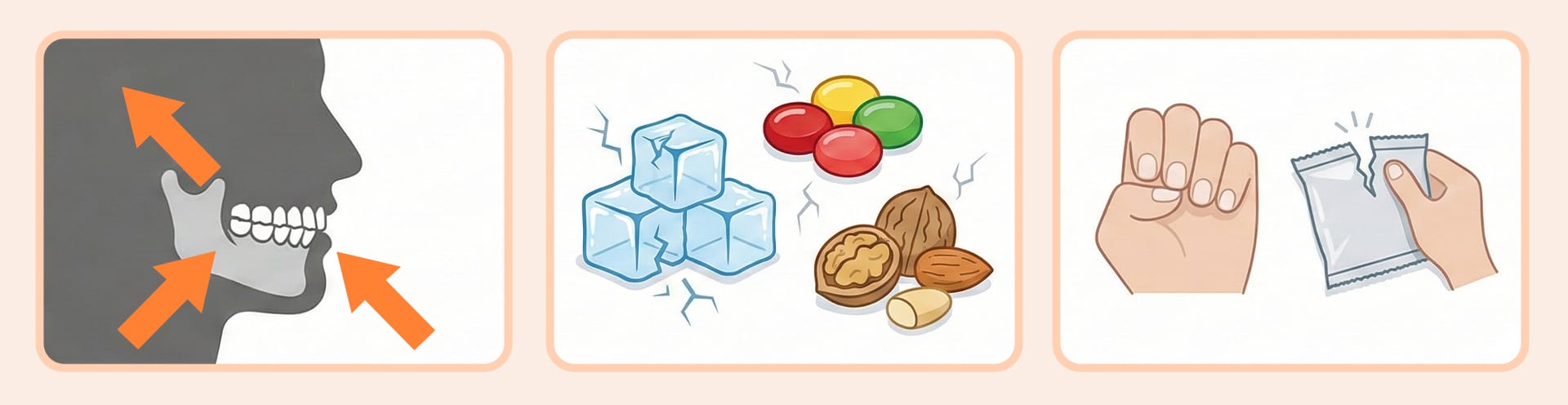 Icons representing bad habits like teeth grinding, hard foods, and nail biting that increase the risk of veneer fracture.