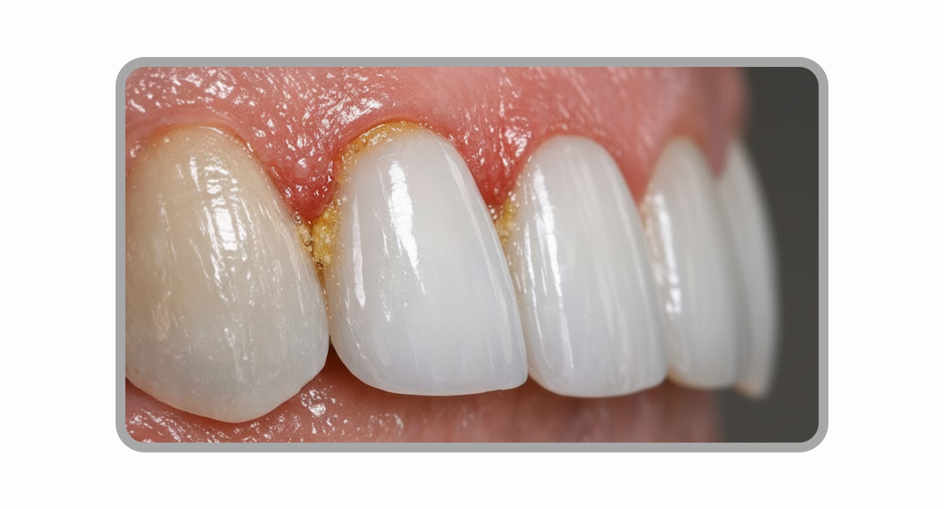 An image showing inflamed gums around a thickly bonded veneer due to plaque accumulation.