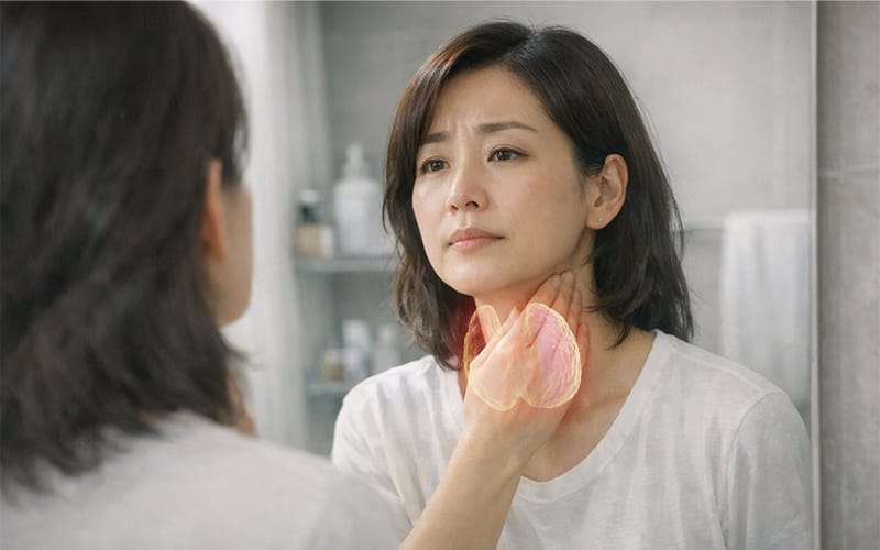 A woman gently touching her neck while looking in the mirror with a worried expression, checking for thyroid symptoms.