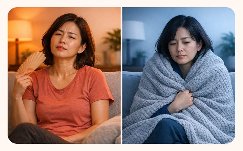 A comparative illustration contrasting the symptoms of 'overheating' associated with hyperthyroidism and 'cooling down' associated with hypothyroidism.