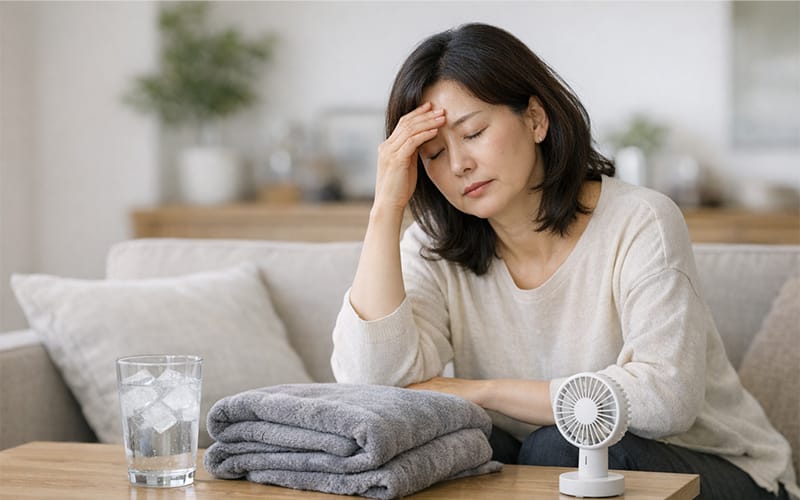 A fatigued woman in her 40s or 50s sitting on a sofa, holding her hand to her forehead, showing signs of thyroid-related exhaustion.