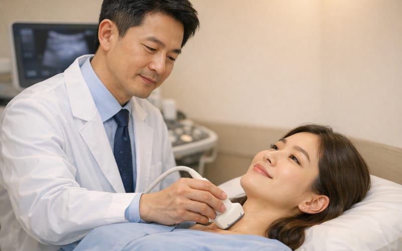 A doctor performing an ultrasound examination on a patient's neck in a clean and professional medical examination room.