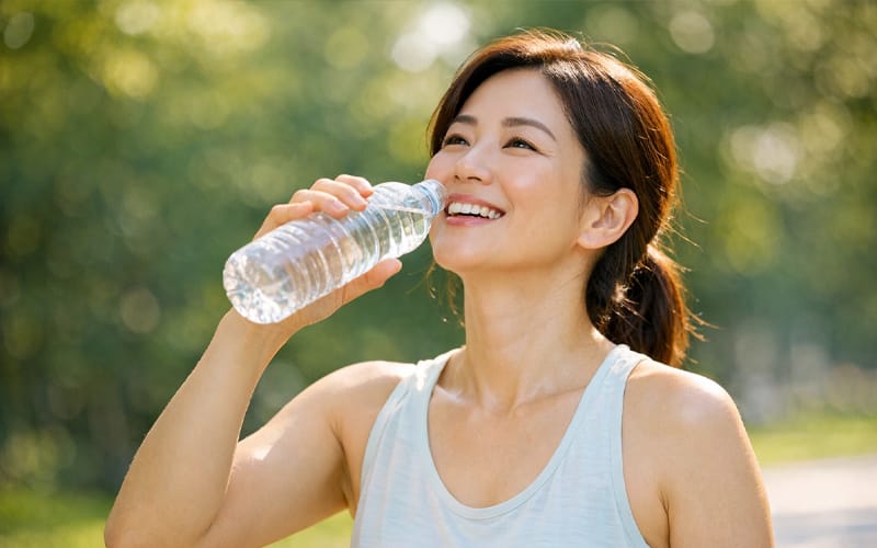 A happy woman in her 30s or 40s in casual sportswear, stretching and smiling brightly in a sunlit park, symbolizing restored vitality.