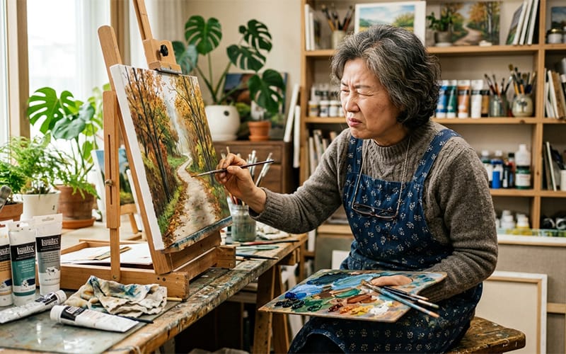 An elderly woman painting with watercolors while making an uncomfortable expression due to blurry vision.