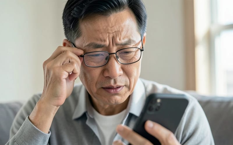 An elderly man wearing reading glasses while using a smartphone